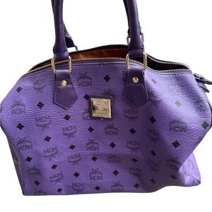 MCM Purple Satchel with Iconic Monogram and Gold Hardware